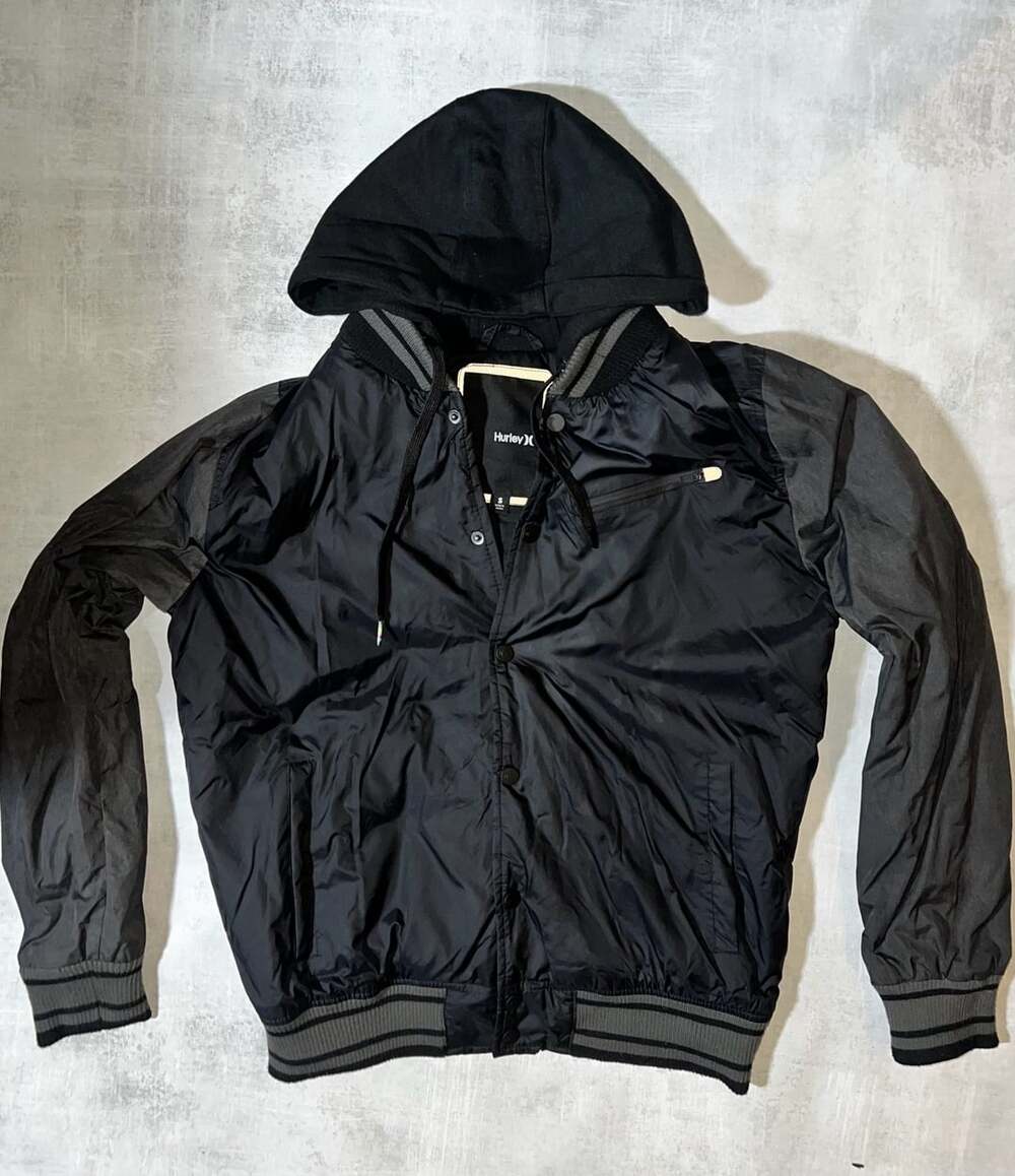 Hurley Men's Black Hooded Bomber Jacket with Contrast Sleeves